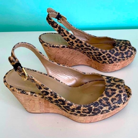 Stuart Weitzman peep toe sling back Leopard / Cheetah Animal print wedge sandals - Picture 1 of 4